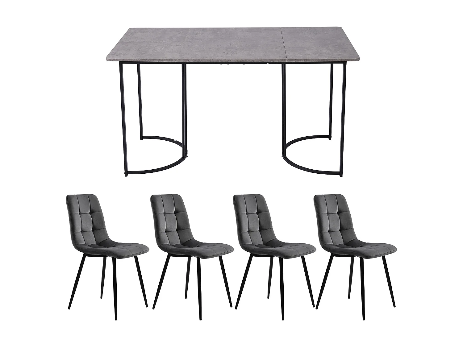 Ensemble table + 4 chaises -140×80×75cm, MDF+métal+velours, noir+gris+gris foncé