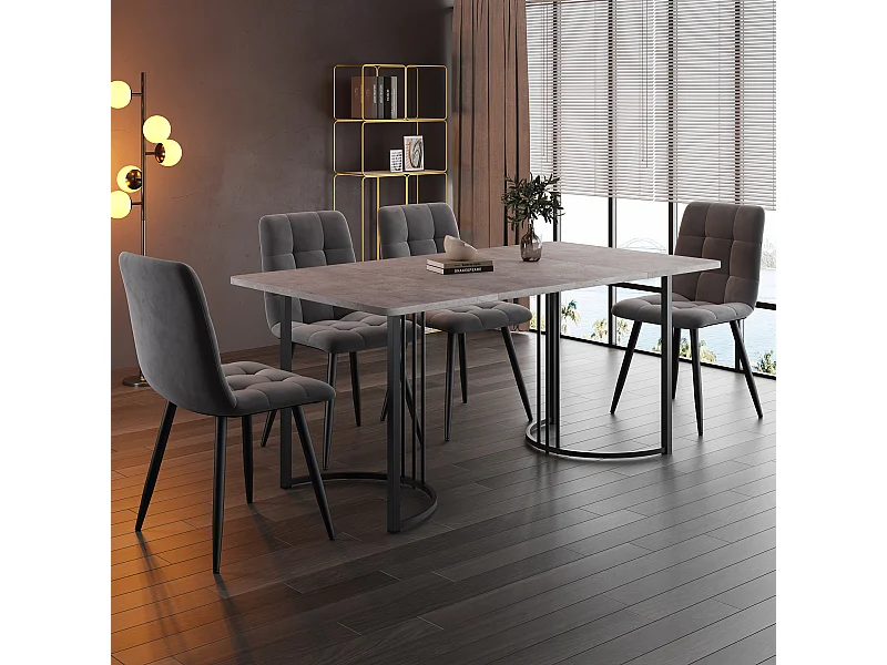 Ensemble table + 4 chaises -140×80×75cm, MDF+métal+velours, noir+gris+gris foncé