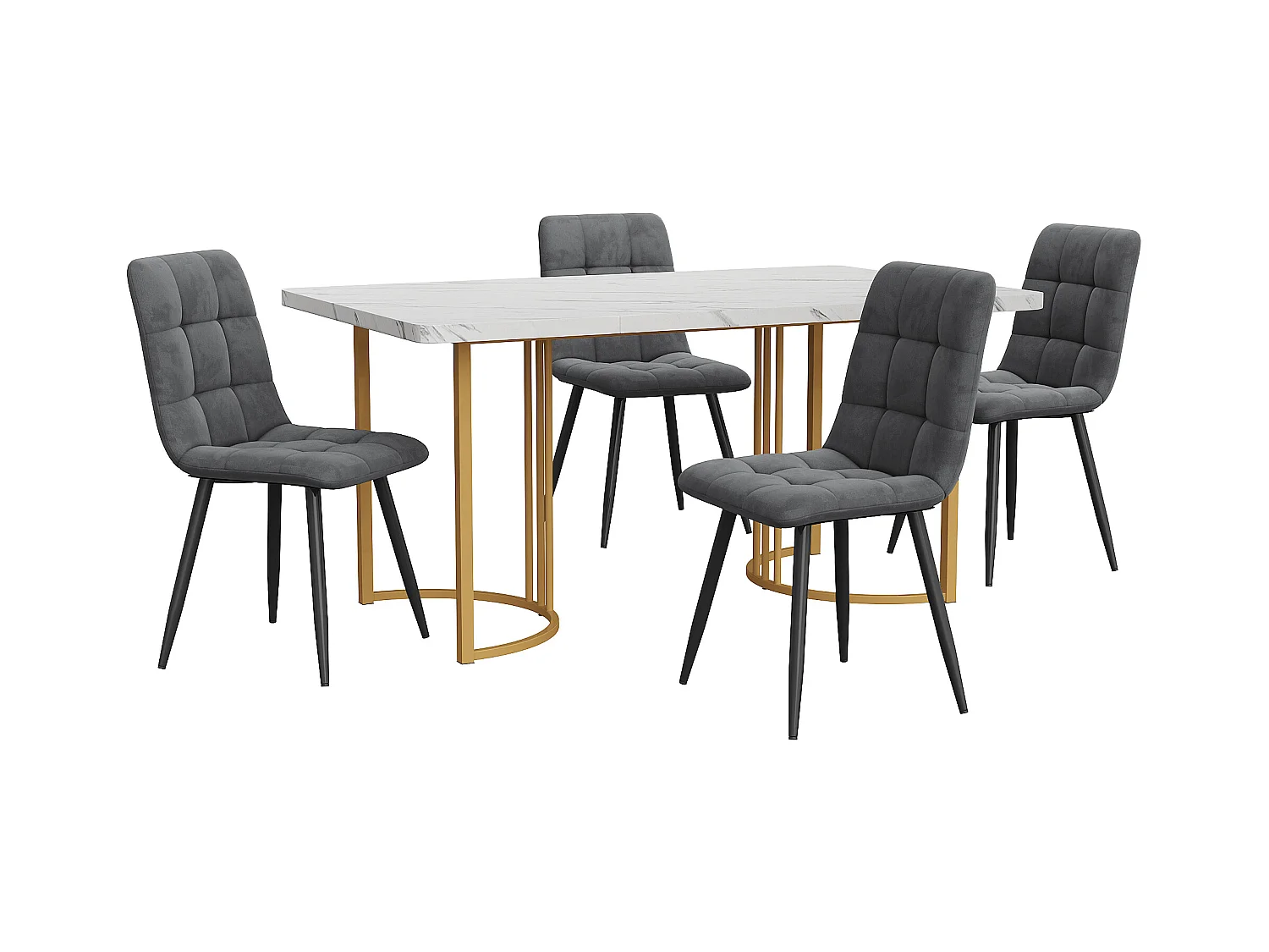 Eetkamerset, tafel 140×80×75 cm met 4 stoelen, MDF+metaal+fluweel, goud+wit+donkergrijs