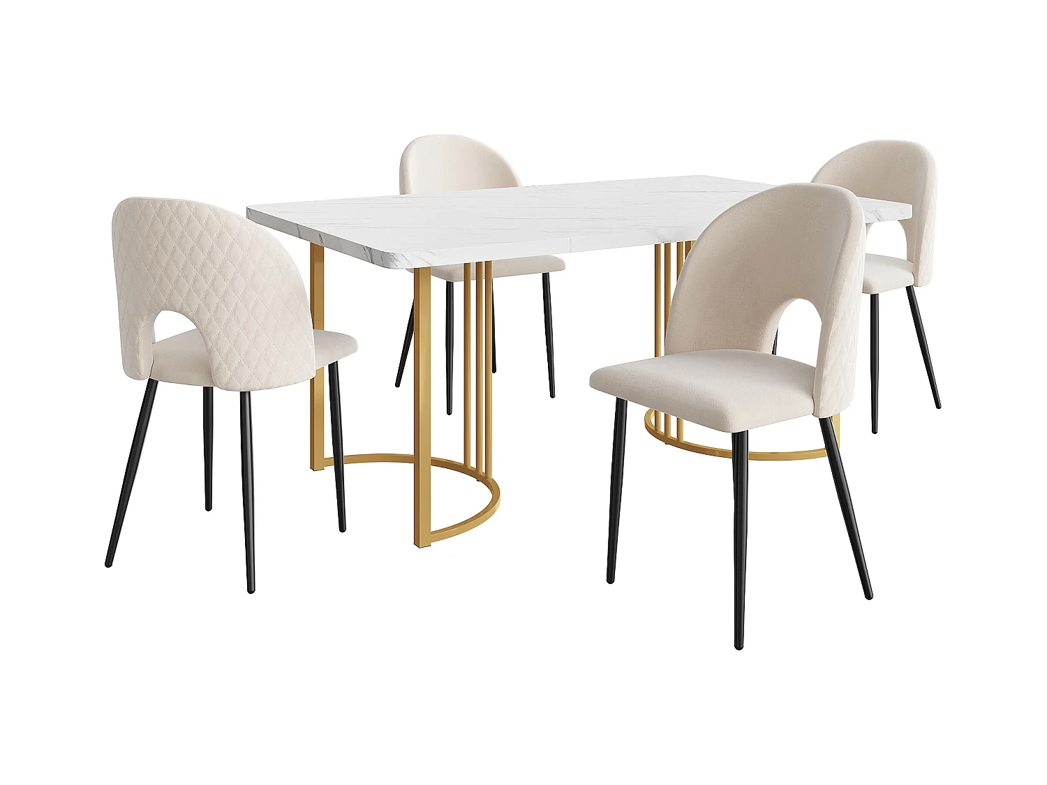 Ensemble table + 4 chaises -140×80×75cm, MDF+ pieds réglables en métal+velours, dorés+blanc+beige