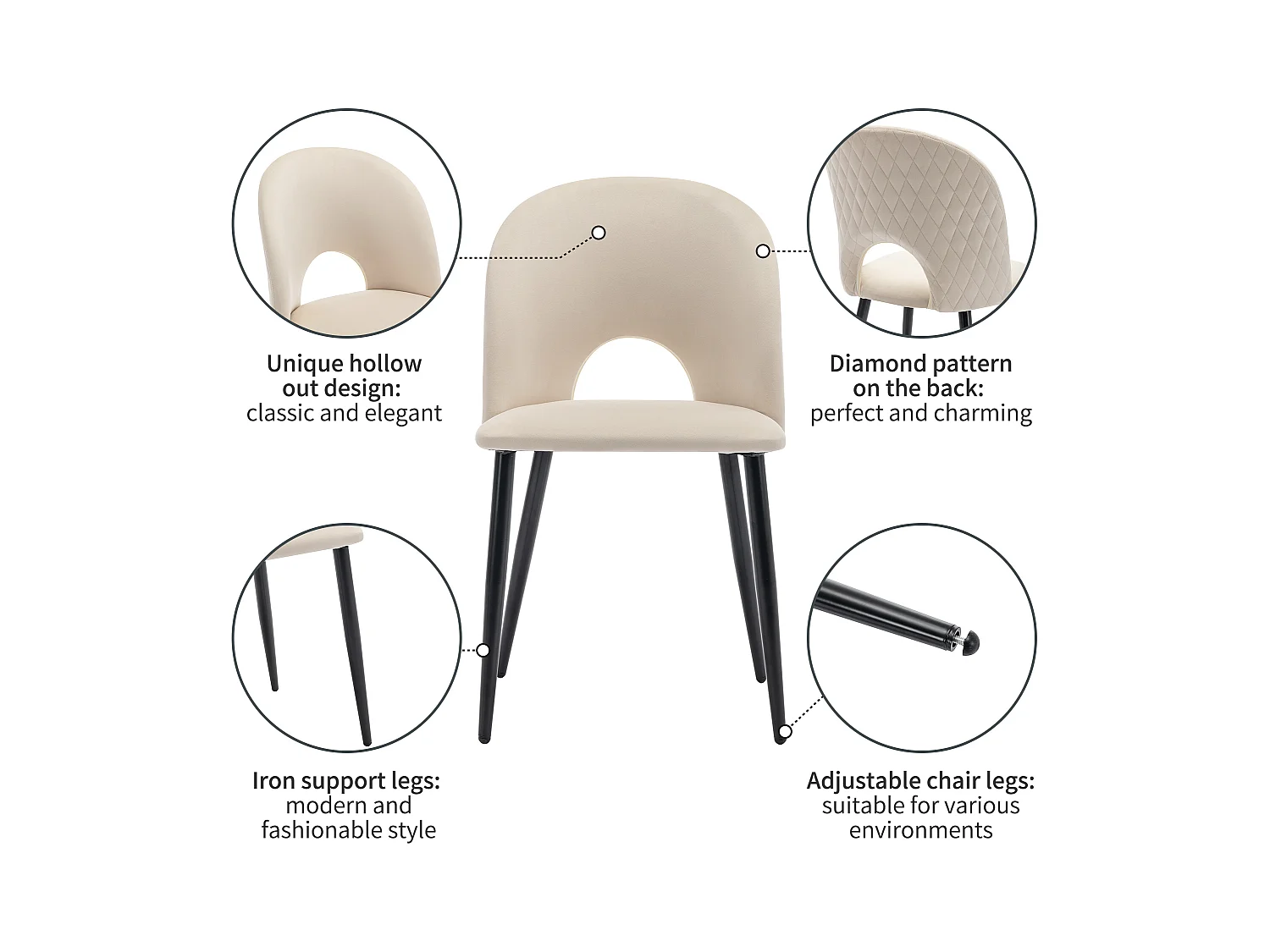 Ensemble table + 4 chaises -140×80×75cm, MDF+ pieds réglables en métal+velours, dorés+blanc+beige