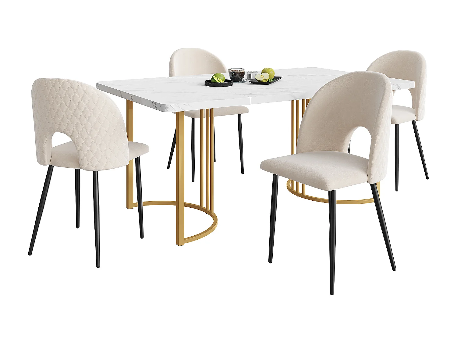 Ensemble table + 4 chaises -140×80×75cm, MDF+ pieds réglables en métal+velours, dorés+blanc+beige