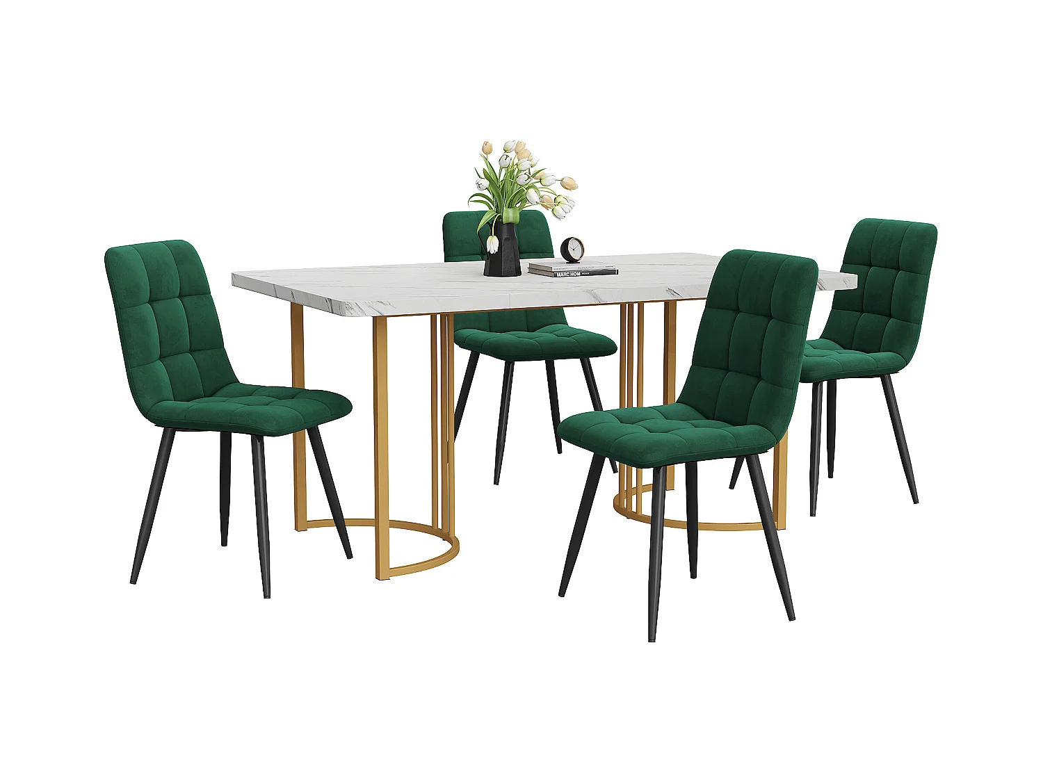 Eetkamerset, tafel 140×80×75 cm met 4 stoelen, MDF+metaal+fluweel, goud+wit+donkergroen