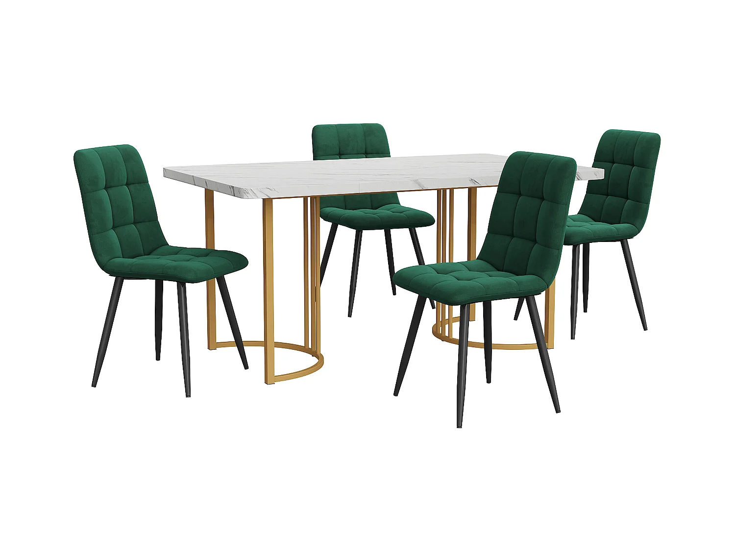 Eetkamerset, tafel 140×80×75 cm met 4 stoelen, MDF+metaal+fluweel, goud+wit+donkergroen