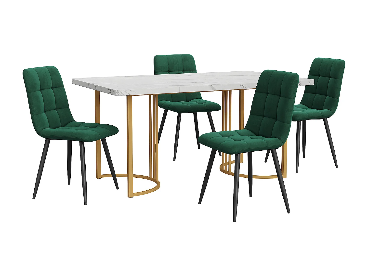 Ensemble table + 4 chaises -140×80×75cm, MDF+métal+velours, doré+blanc+vert foncé