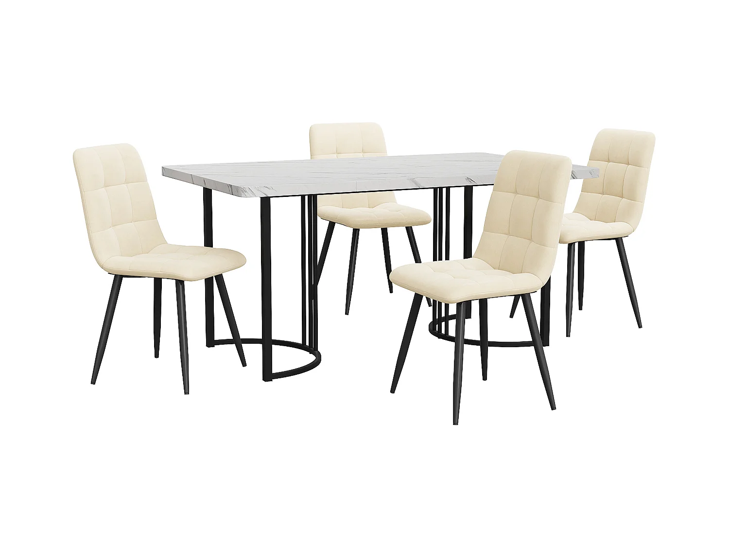 Zestaw do jadalni, stół-140×80×75cm z 4 krzesłami, MDF+metal+aksamit, czarny+biały+beżowy