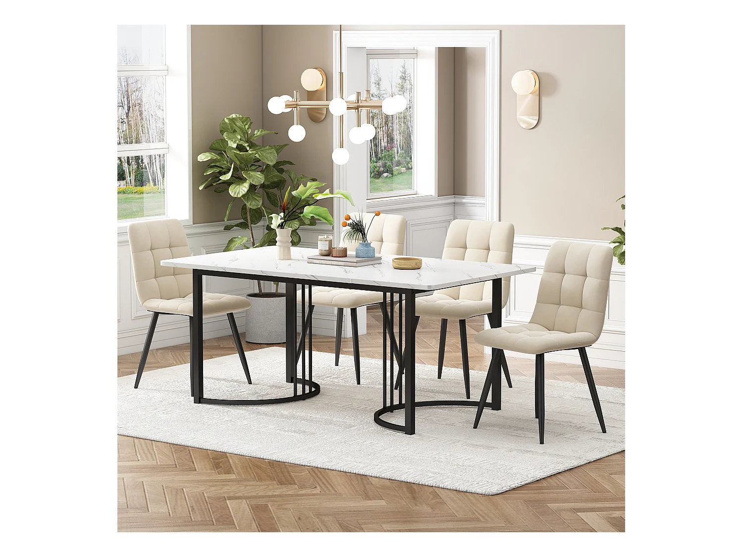 Ensemble table + 4 chaises -140×80×75cm, MDF+métal+velours, noir+blanc+beige