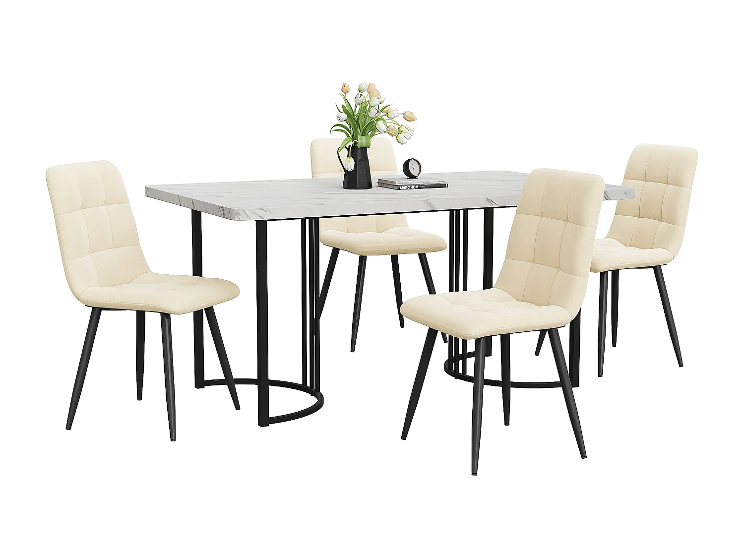 Ensemble table + 4 chaises -140×80×75cm, MDF+métal+velours, noir+blanc+beige