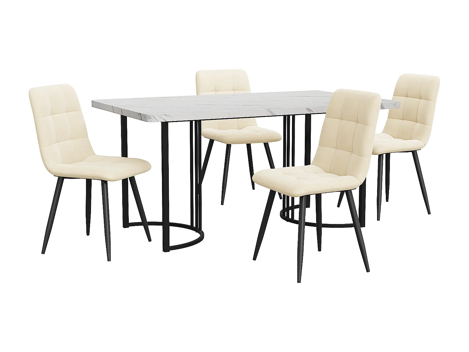 Ensemble table + 4 chaises -140×80×75cm, MDF+métal+velours, noir+blanc+beige
