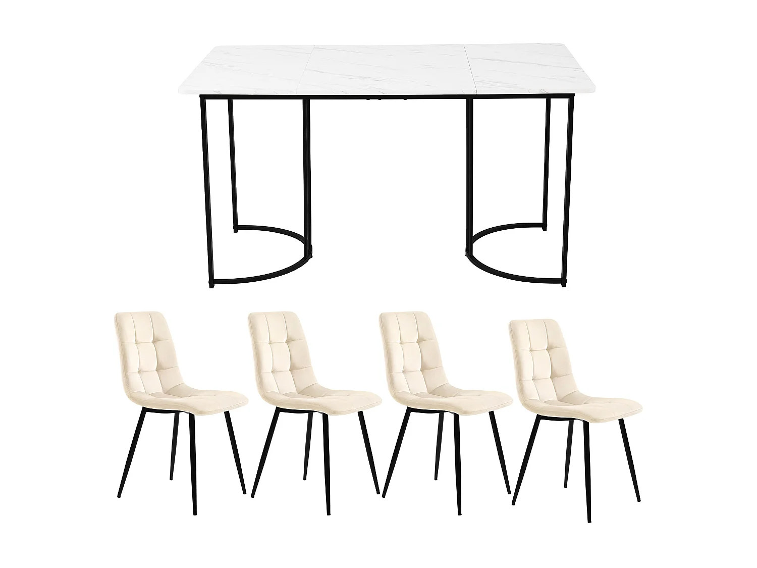 Ensemble table + 4 chaises -140×80×75cm, MDF+métal+velours, noir+blanc+beige