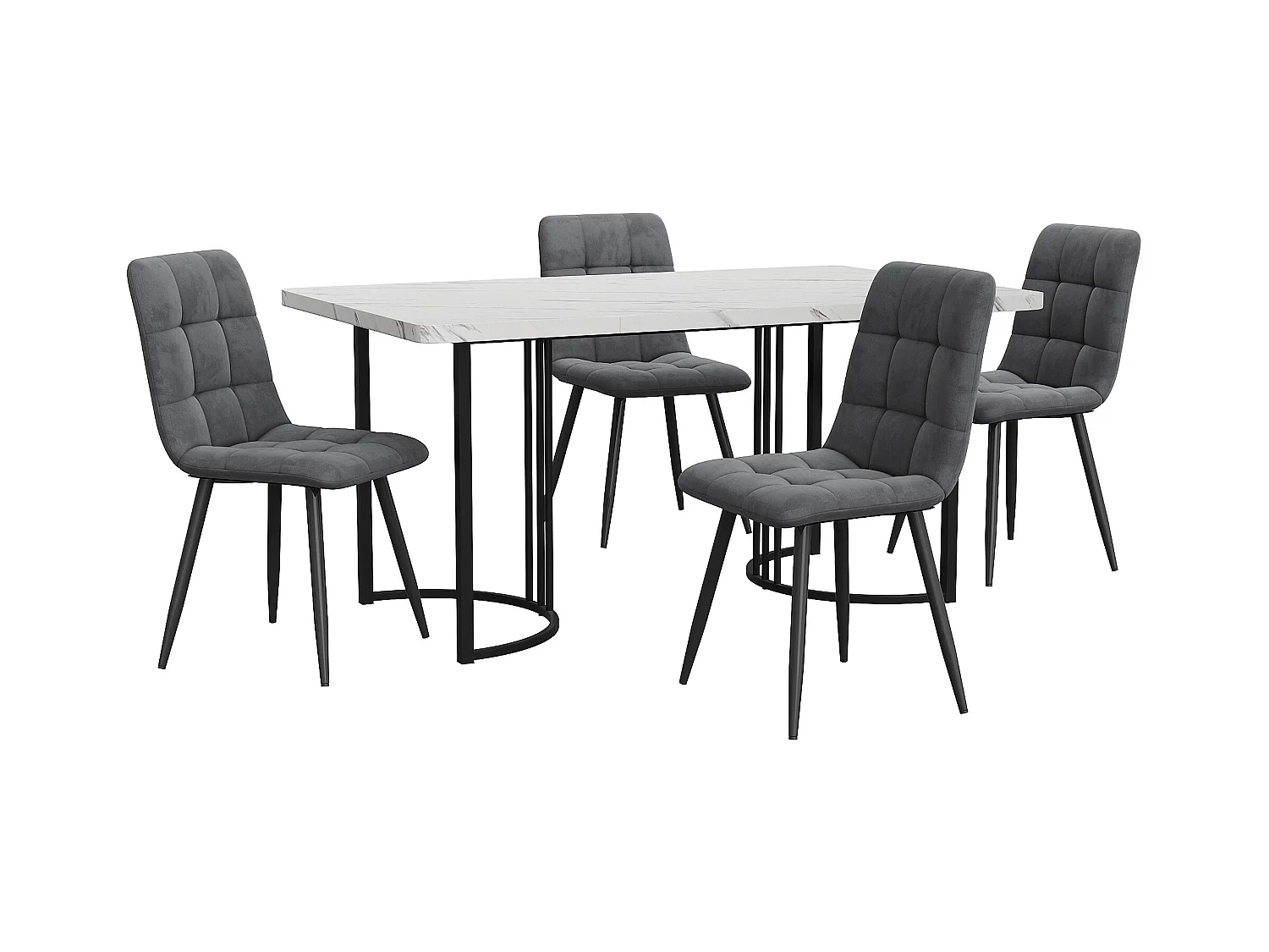 Conjunto de comedor, mesa 140×80×75cm con 4 sillas, MDF+metal+terciopelo, negro+blanco+gris oscuro