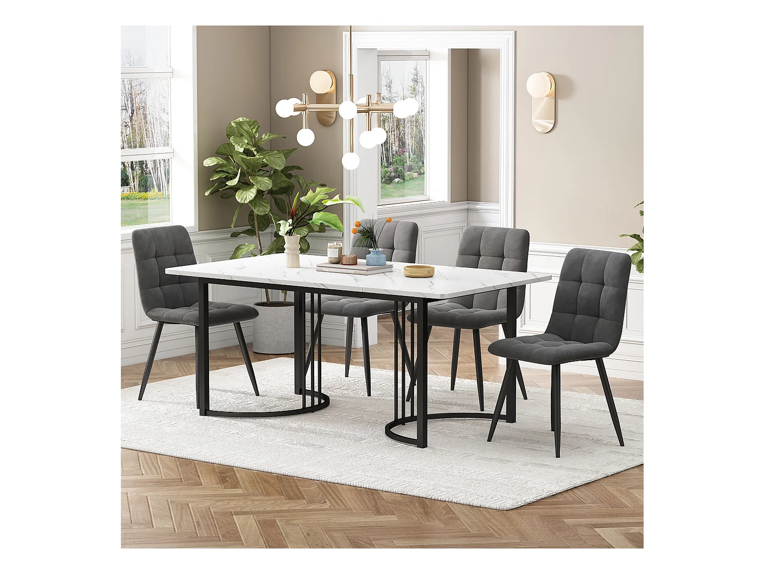Ensemble table + 4 chaises -140×80×75cm, MDF+métal+velours, noir+blanc+gris foncé