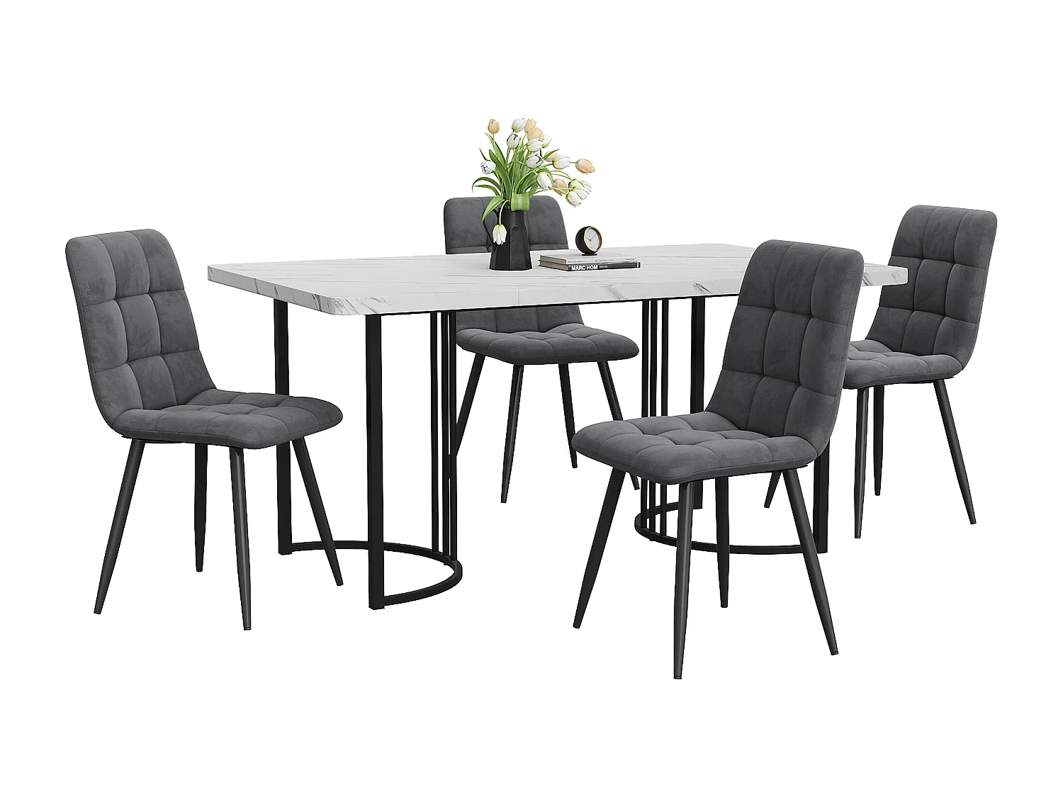Ensemble table + 4 chaises -140×80×75cm, MDF+métal+velours, noir+blanc+gris foncé