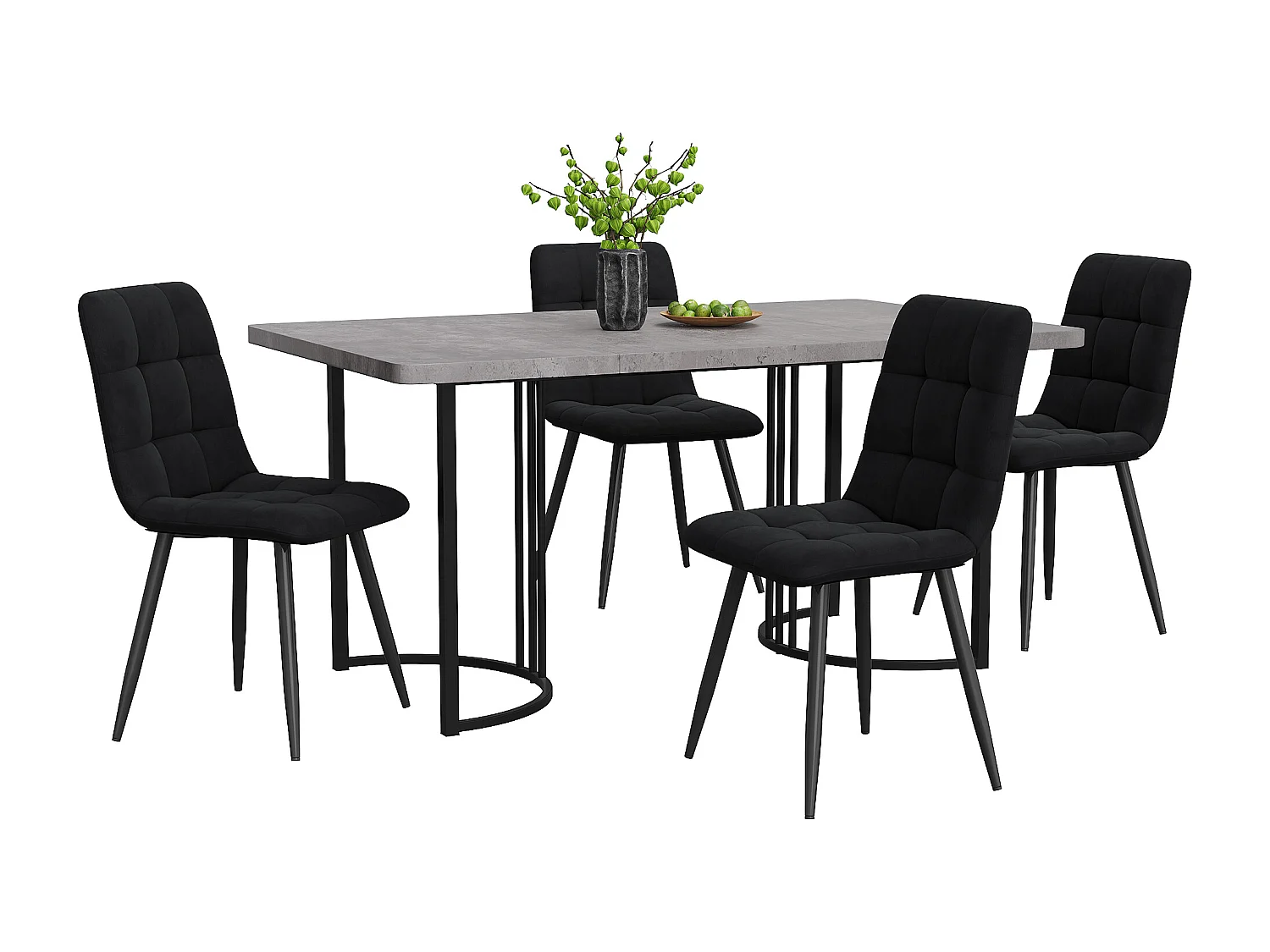 Ensemble table + 4 chaises -140×80×75cm, MDF+métal+velours, noir+gris