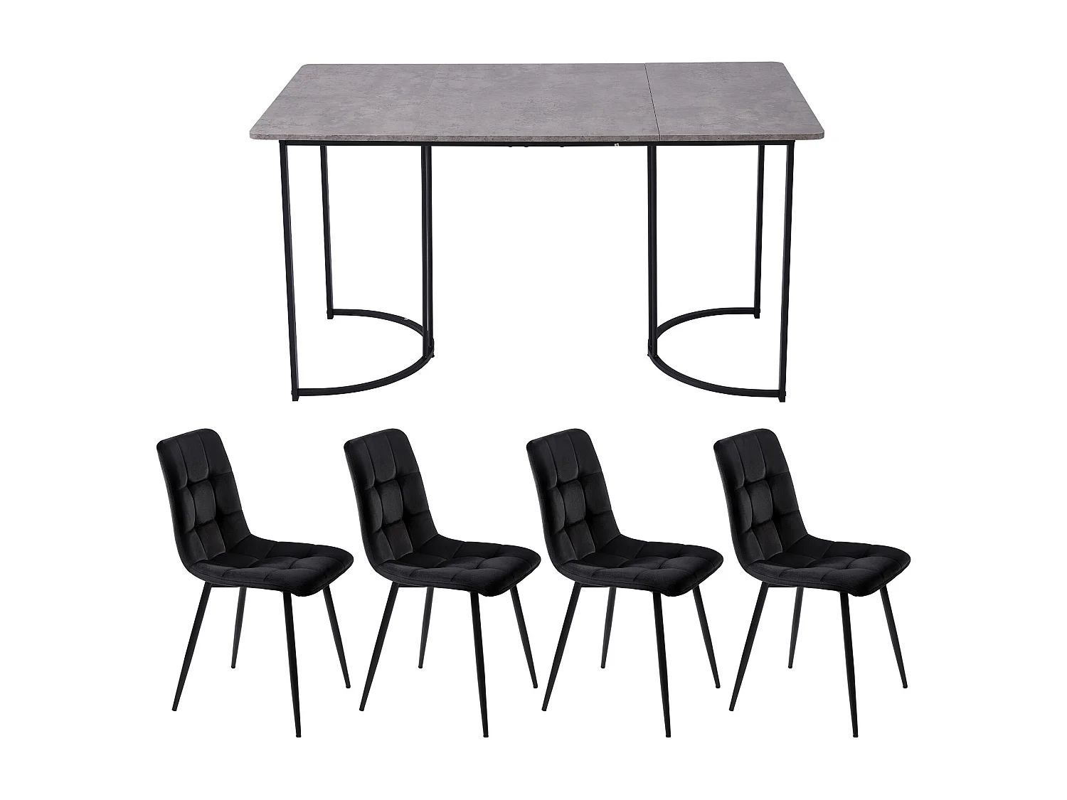 Ensemble table + 4 chaises -140×80×75cm, MDF+métal+velours, noir+gris