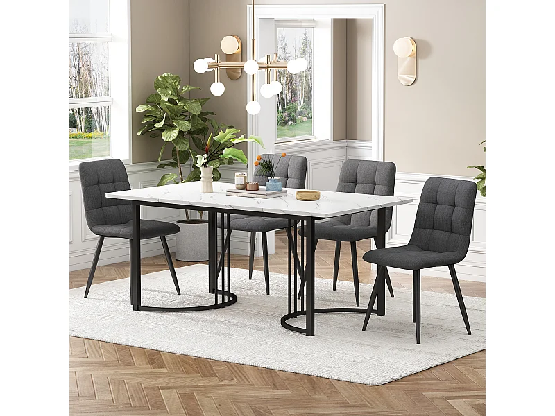 Zestaw do jadalni, stół-140×80×75cm z 4 krzesłami, MDF+metal+len, czarny+biały+ciemnoszary
