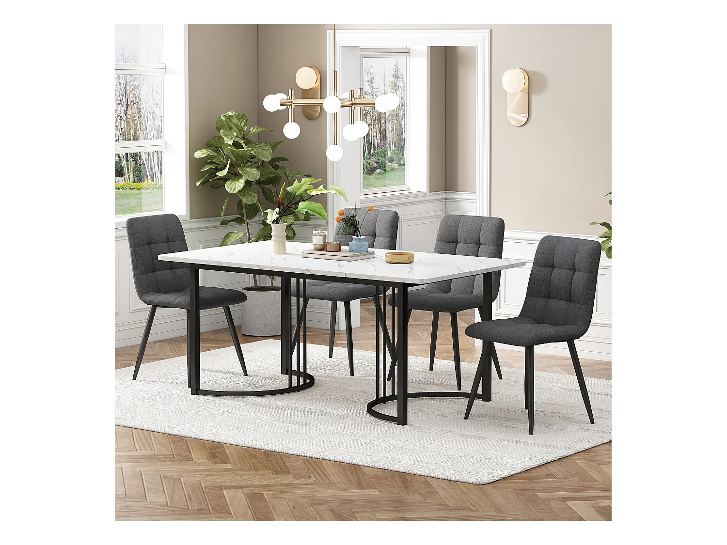 Esszimmerset, Tisch 140×80×75cm mit 4 Stühlen, MDF+Metall+Leinen, schwarz+weiß+dunkelgrau