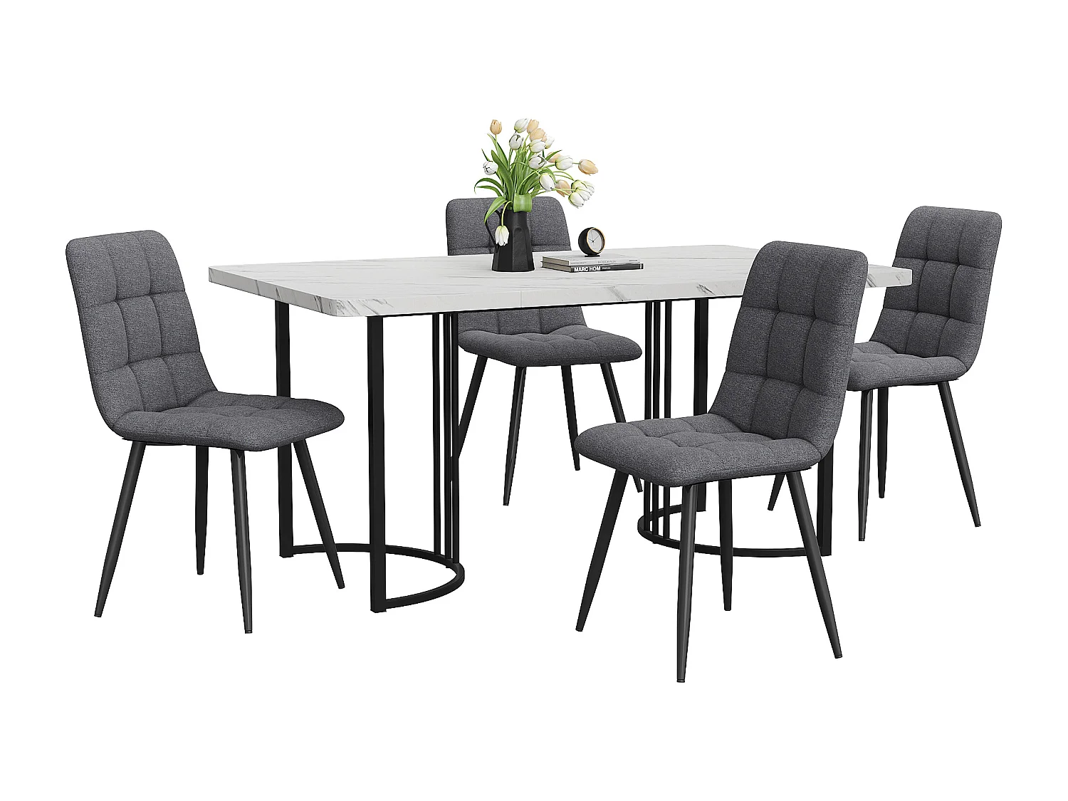 Ensemble table + 4 chaises -140×80×75cm, MDF+métal+lin, noir+blanc+gris foncé