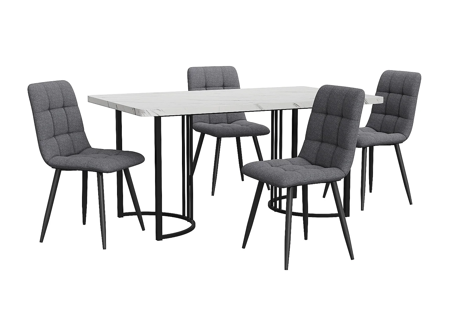 Ensemble table + 4 chaises -140×80×75cm, MDF+métal+lin, noir+blanc+gris foncé