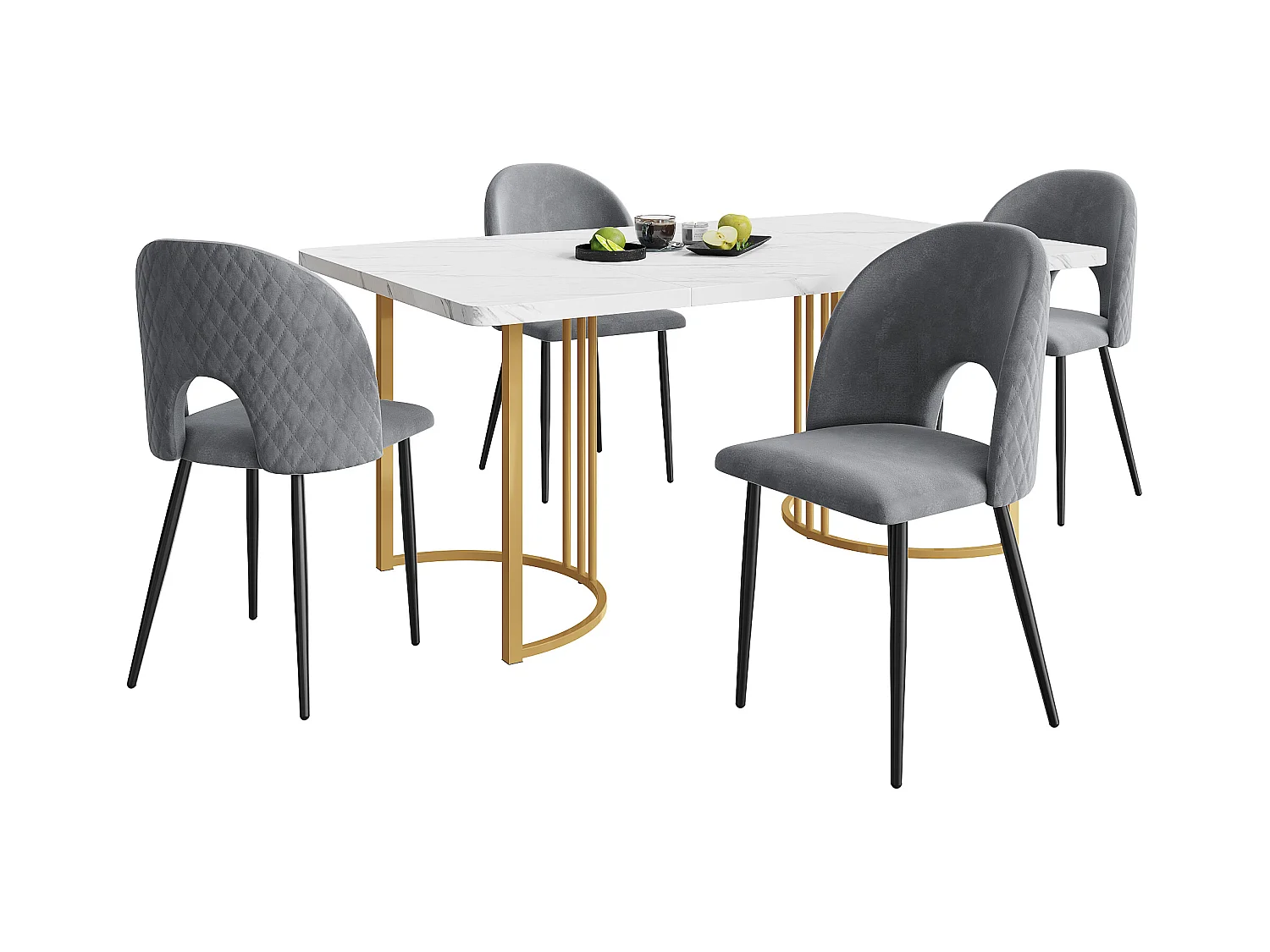 Zestaw do jadalni, stół-140×80×75cm z 4 krzesłami z regulowanymi nogami, MDF+metal+aksamit, złoto+biały+szary