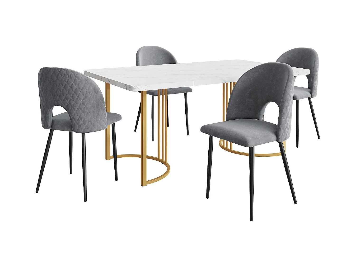 Zestaw do jadalni, stół-140×80×75cm z 4 krzesłami z regulowanymi nogami, MDF+metal+aksamit, złoto+biały+szary