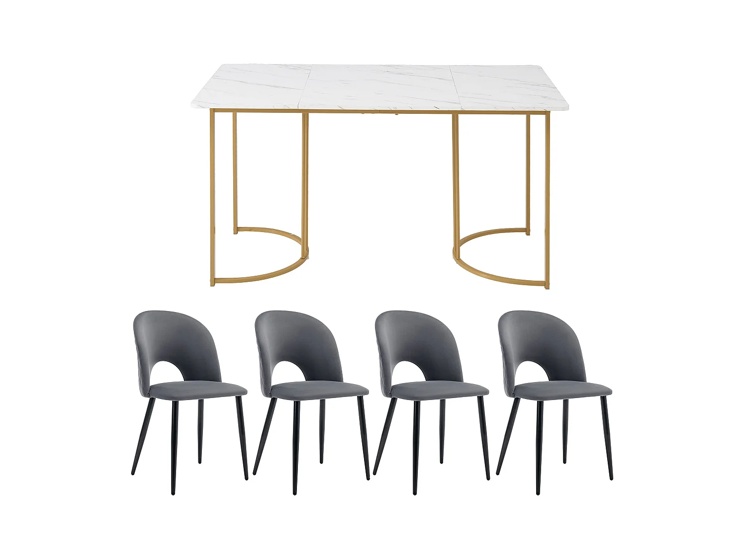 Zestaw do jadalni, stół-140×80×75cm z 4 krzesłami z regulowanymi nogami, MDF+metal+aksamit, złoto+biały+szary