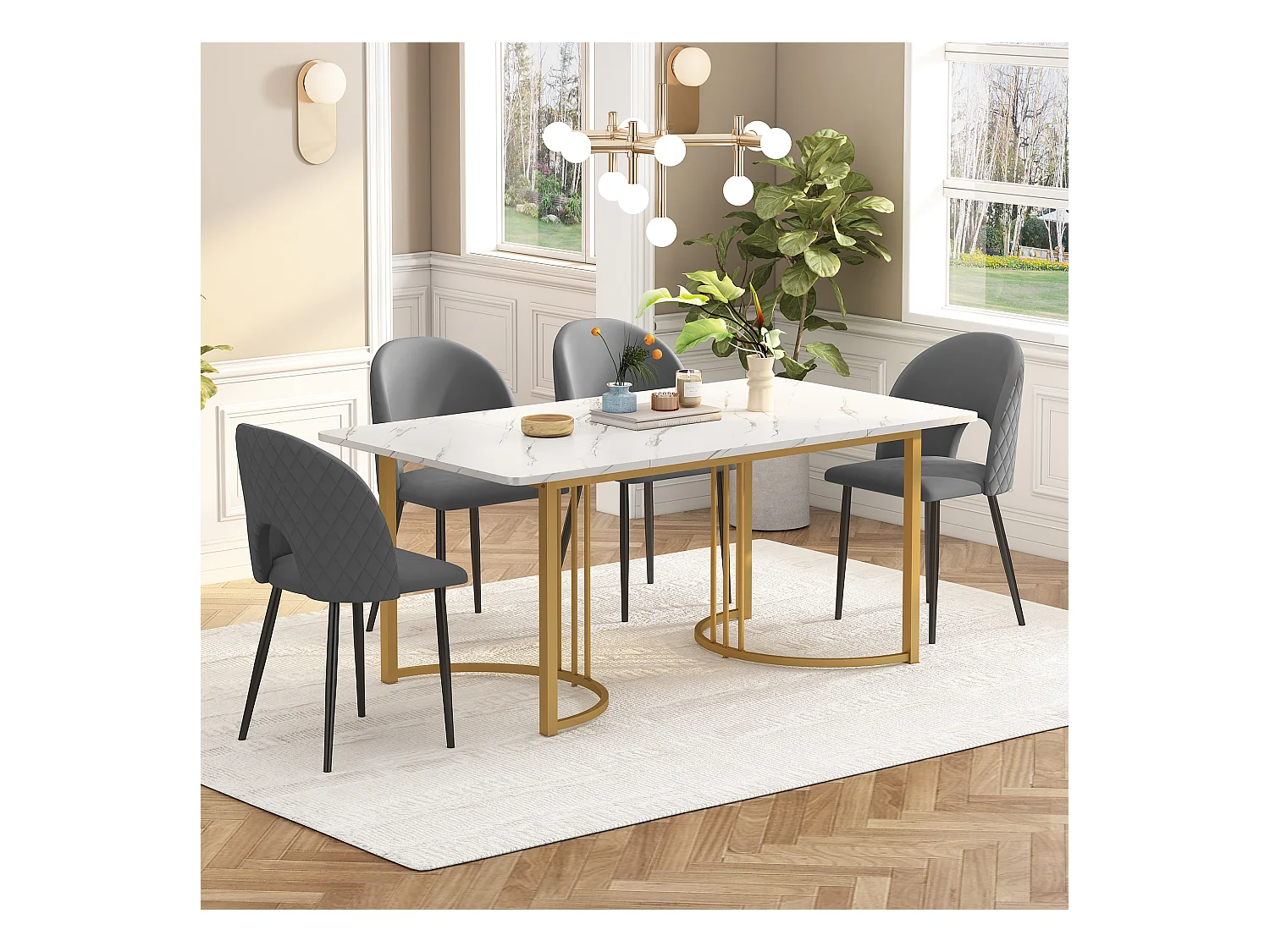 Ensemble table + 4 chaises -140×80×75cm, MDF+ pieds réglables en métal+velours, dorés+blanc+gris