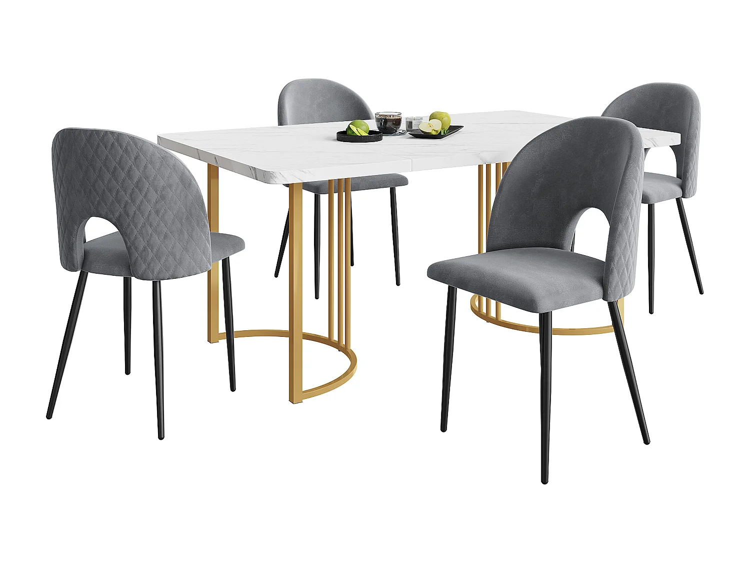 Ensemble table + 4 chaises -140×80×75cm, MDF+ pieds réglables en métal+velours, dorés+blanc+gris
