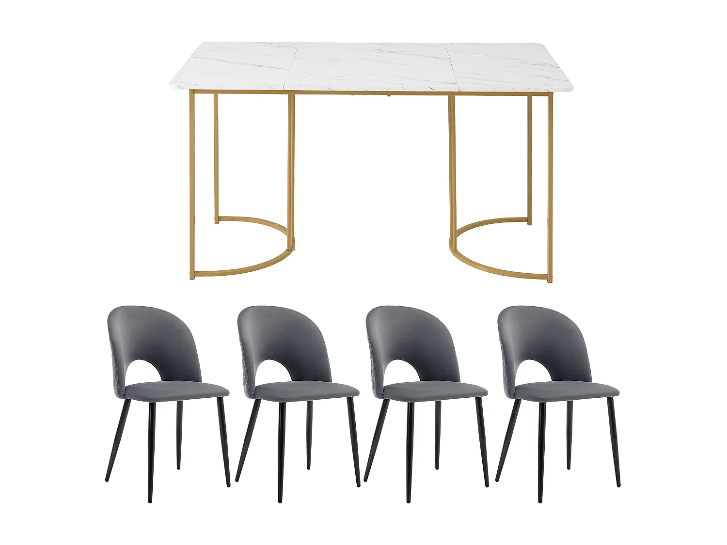 Ensemble table + 4 chaises -140×80×75cm, MDF+ pieds réglables en métal+velours, dorés+blanc+gris