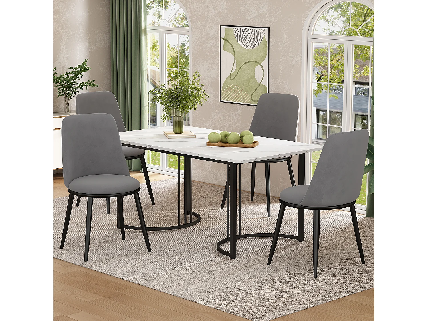 Zestaw do jadalni, stół-140×80×75cm z 4 krzesłami, MDF+metal+aksamit, beż+czarny+biały