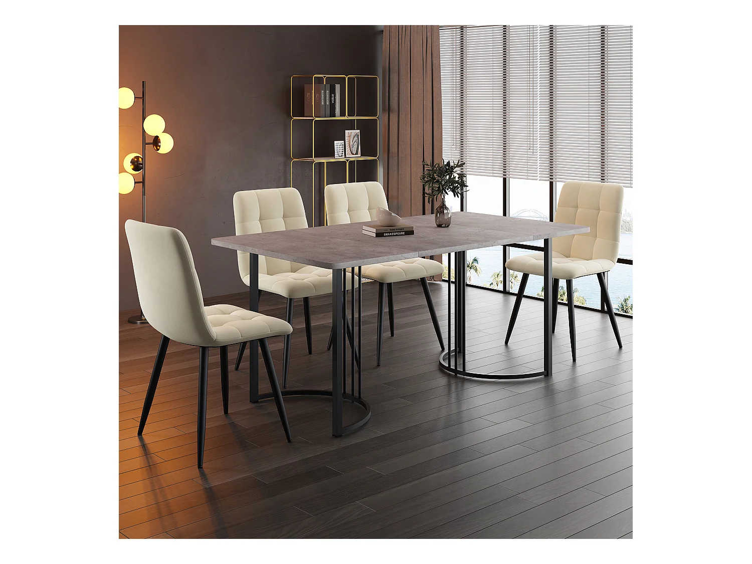 Ensemble table + 4 chaises -140×80×75cm, MDF+métal+velours, noir+gris+beige