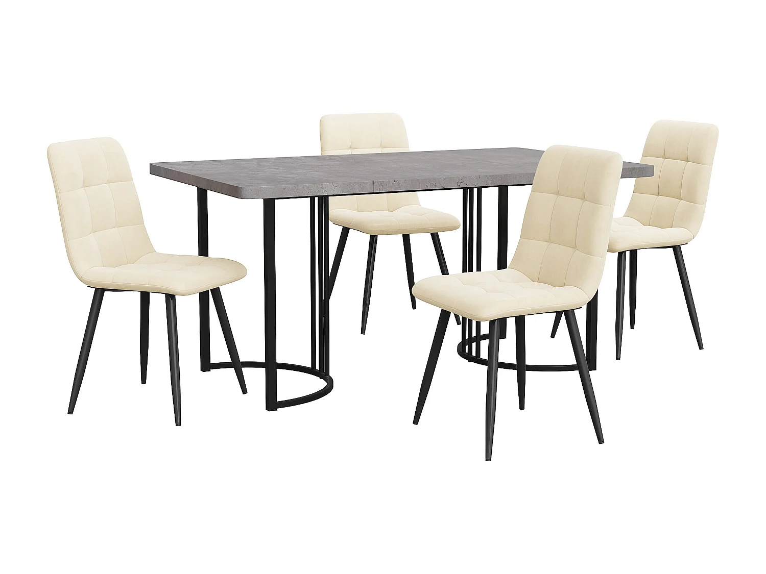 Ensemble table + 4 chaises -140×80×75cm, MDF+métal+velours, noir+gris+beige