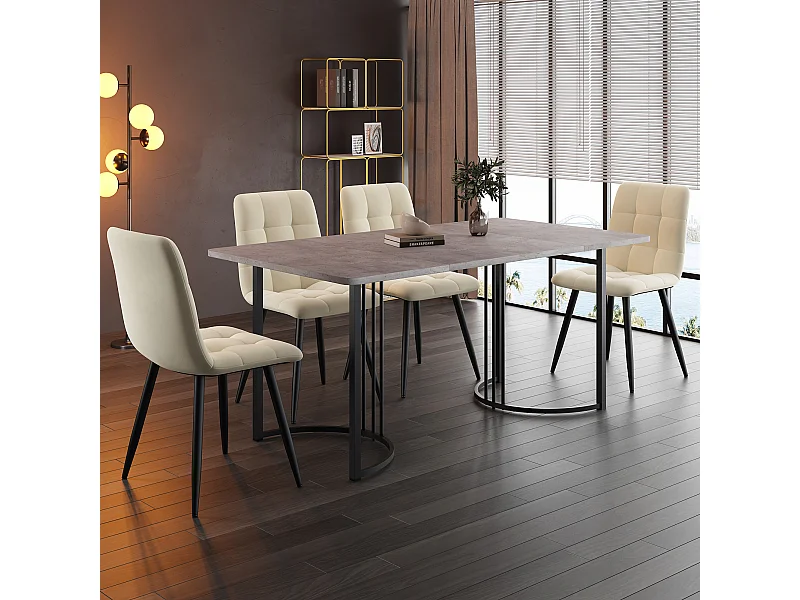 Ensemble table + 4 chaises -140×80×75cm, MDF+métal+velours, noir+gris+beige