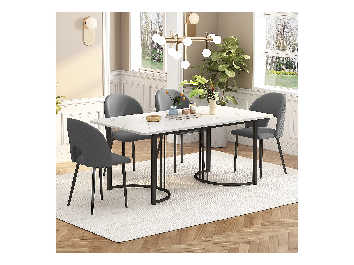 Eetkamerset, tafel 140×80×75 cm met 4 stoelen met verstelbare poten, MDF+metaal+fluweel, zwart+wit+grijs