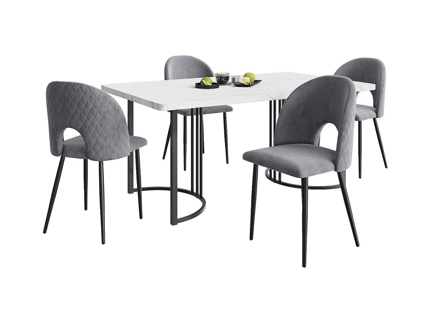 Eetkamerset, tafel 140×80×75 cm met 4 stoelen met verstelbare poten, MDF+metaal+fluweel, zwart+wit+grijs