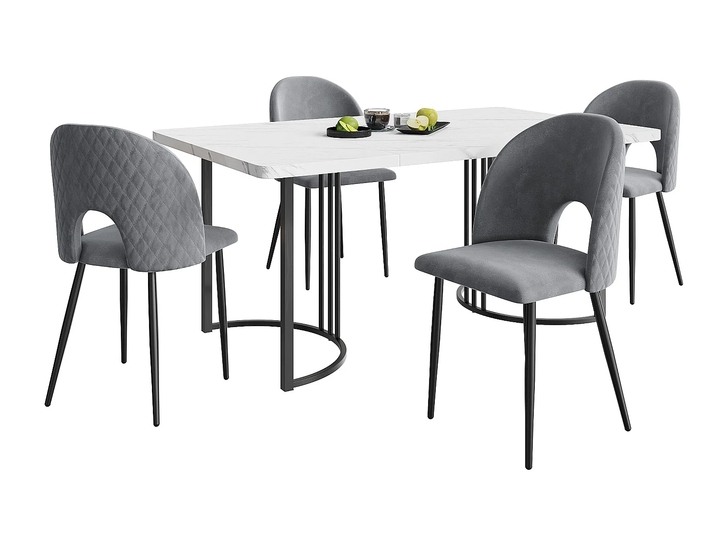 Set da pranzo, tavolo 140×80×75 cm con 4 sedie con gambe regolabili, MDF+metallo+velluto, nero+bianco+grigio