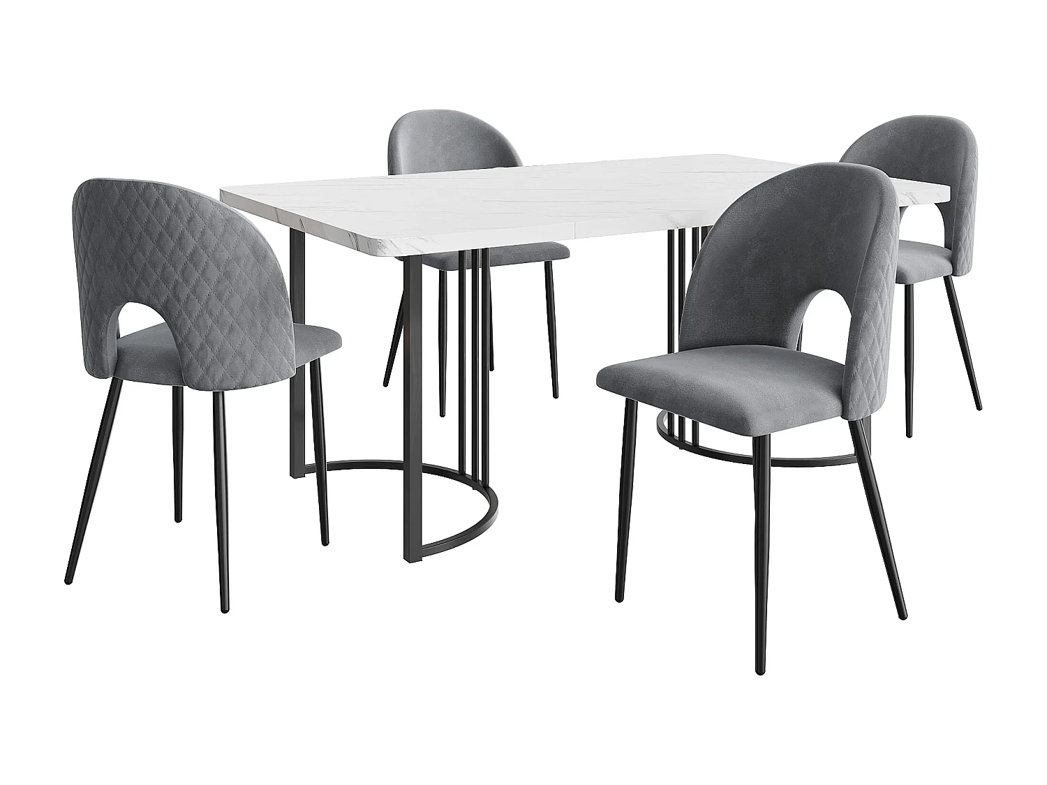 Set da pranzo, tavolo 140×80×75 cm con 4 sedie con gambe regolabili, MDF+metallo+velluto, nero+bianco+grigio