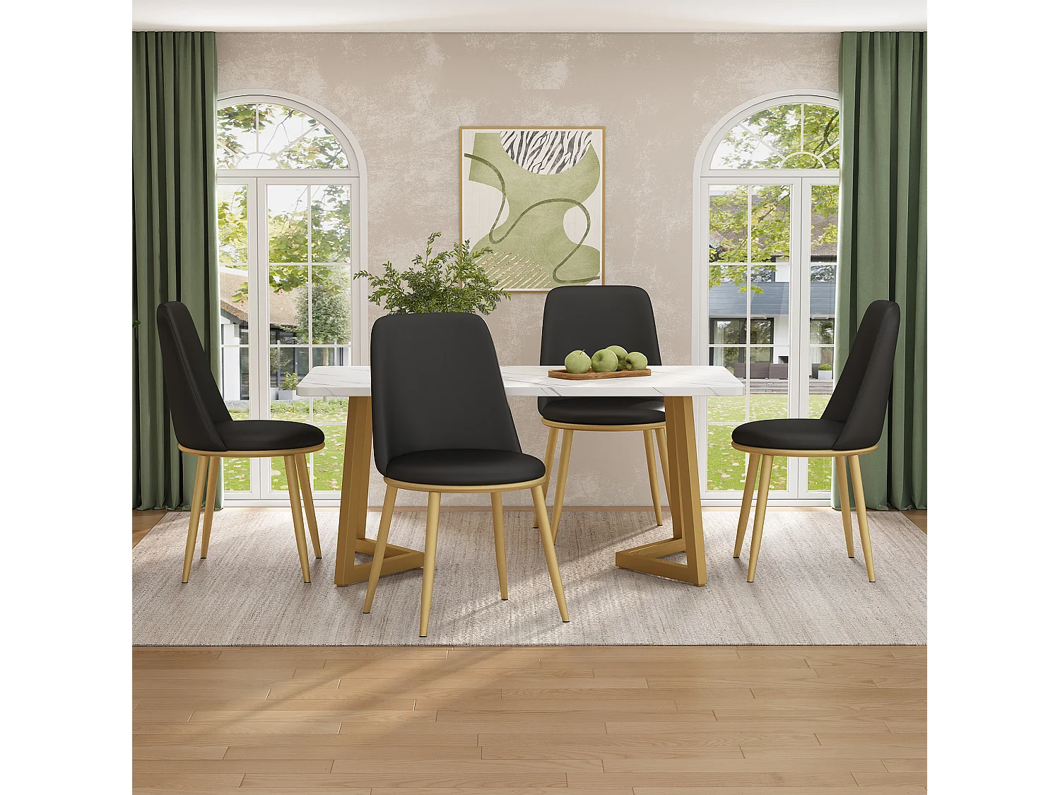 Ensemble table + 4 chaises - 117 x 68 x 75 cm - MDF + pièds en métal doré - Noir + blanc