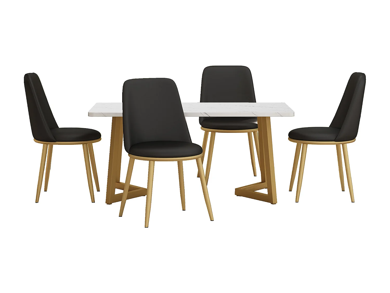 Ensemble table + 4 chaises - 117 x 68 x 75 cm - MDF + pièds en métal doré - Noir + blanc