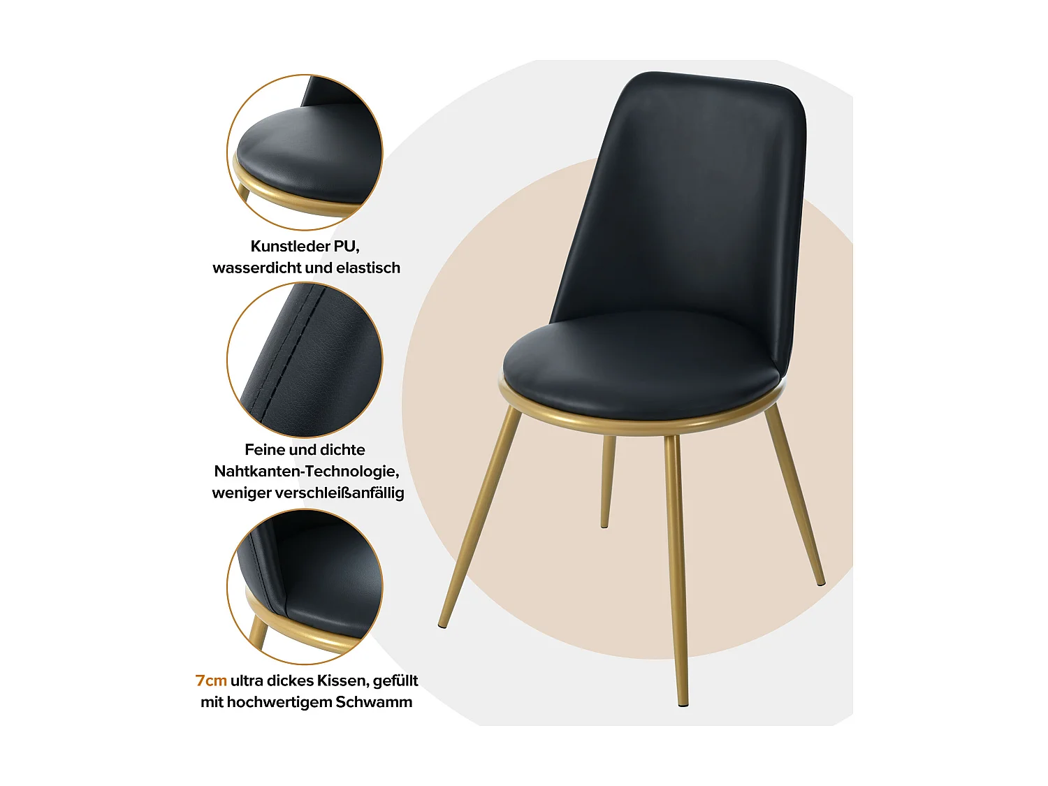 Ensemble table + 4 chaises - 117 x 68 x 75 cm - MDF + pièds en métal doré - Noir + blanc