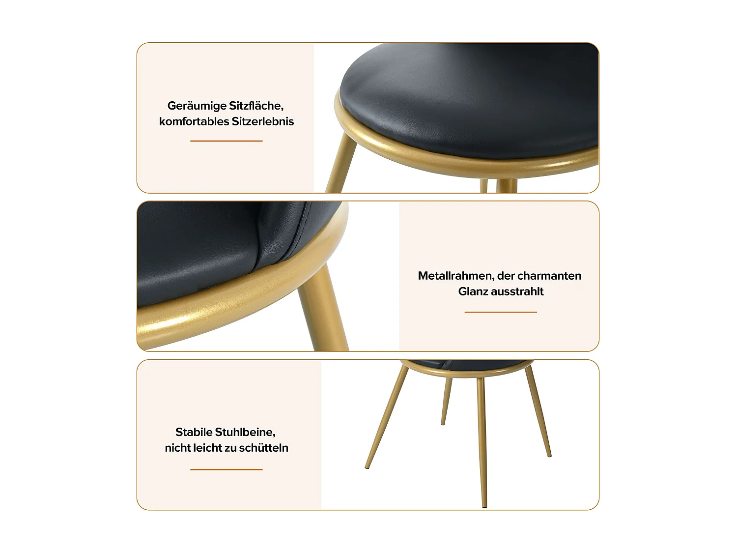 Ensemble table + 4 chaises - 117 x 68 x 75 cm - MDF + pièds en métal doré - Noir + blanc