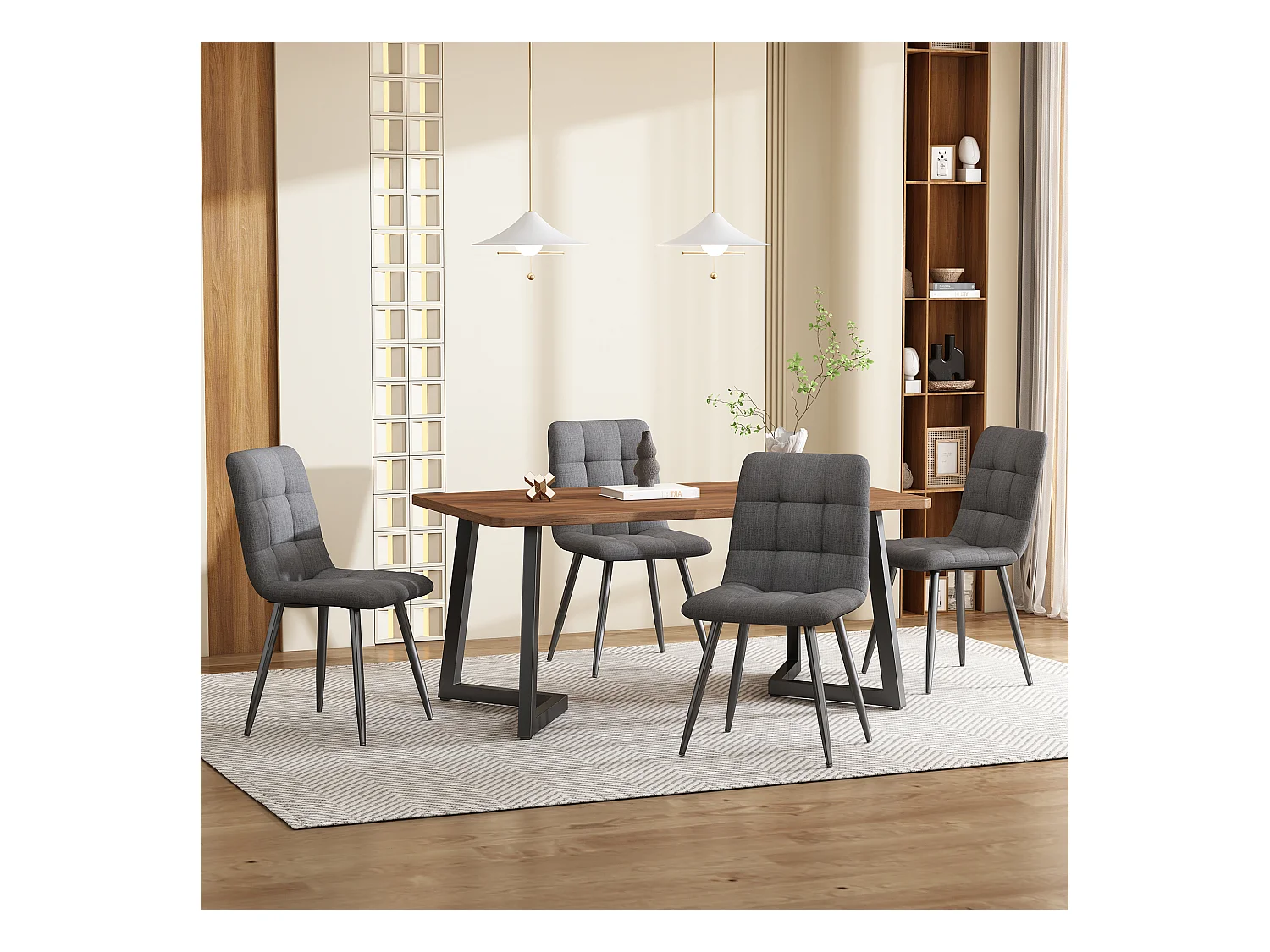 Ensemble table + 4 chaises -140×80×75cm, MDF+métal+lin, noir+noyer+gris foncé