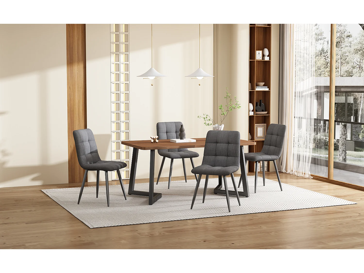 Ensemble table + 4 chaises -140×80×75cm, MDF+métal+lin, noir+noyer+gris foncé