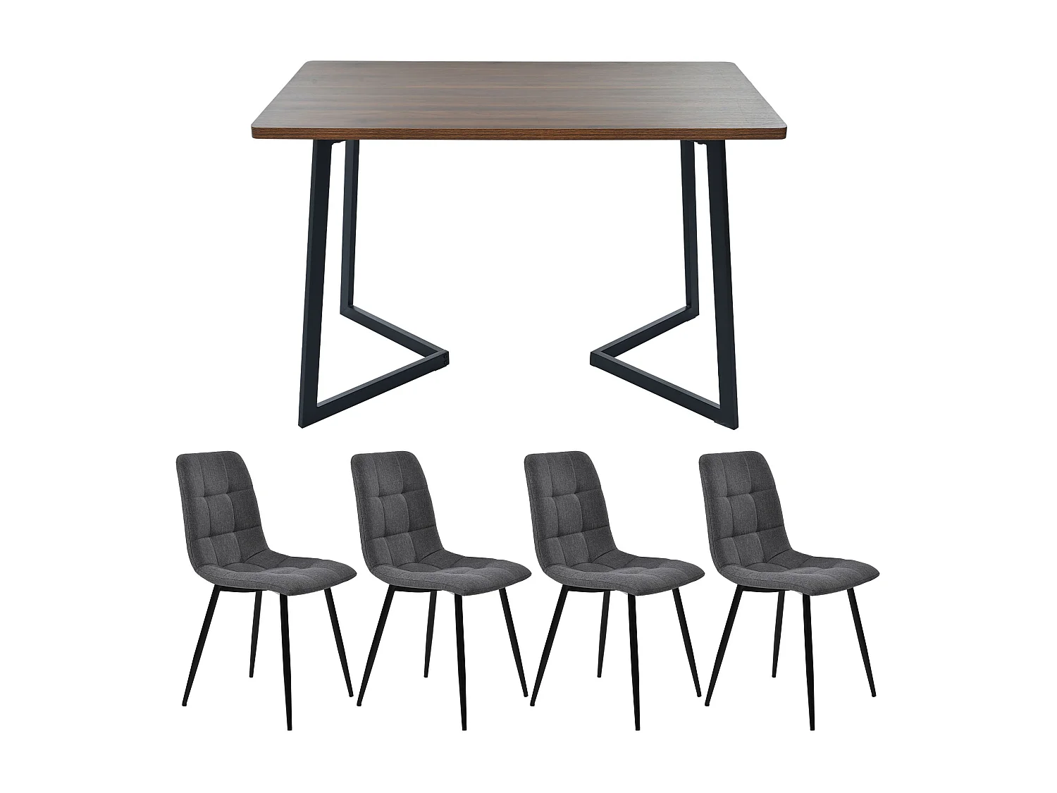 Ensemble table + 4 chaises -140×80×75cm, MDF+métal+lin, noir+noyer+gris foncé