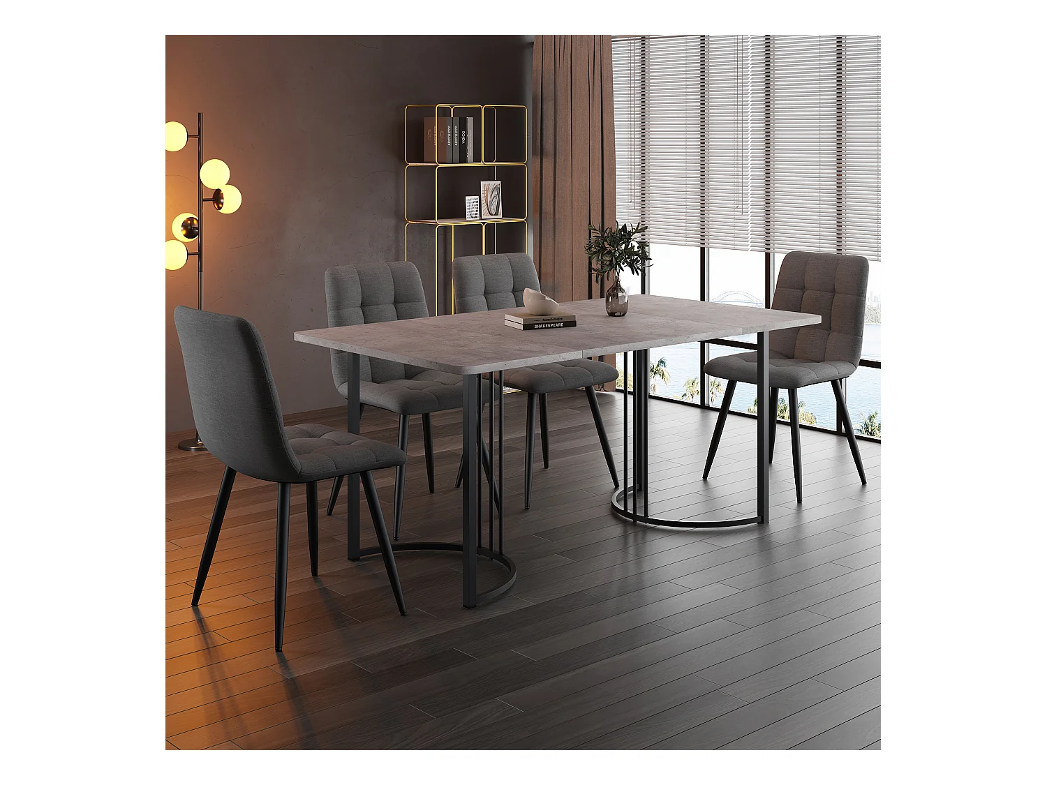 Ensemble table + 4 chaises -140×80×75cm, avec ,  MDF + pieds réglables en métal+velours, blanc+noir+dorés