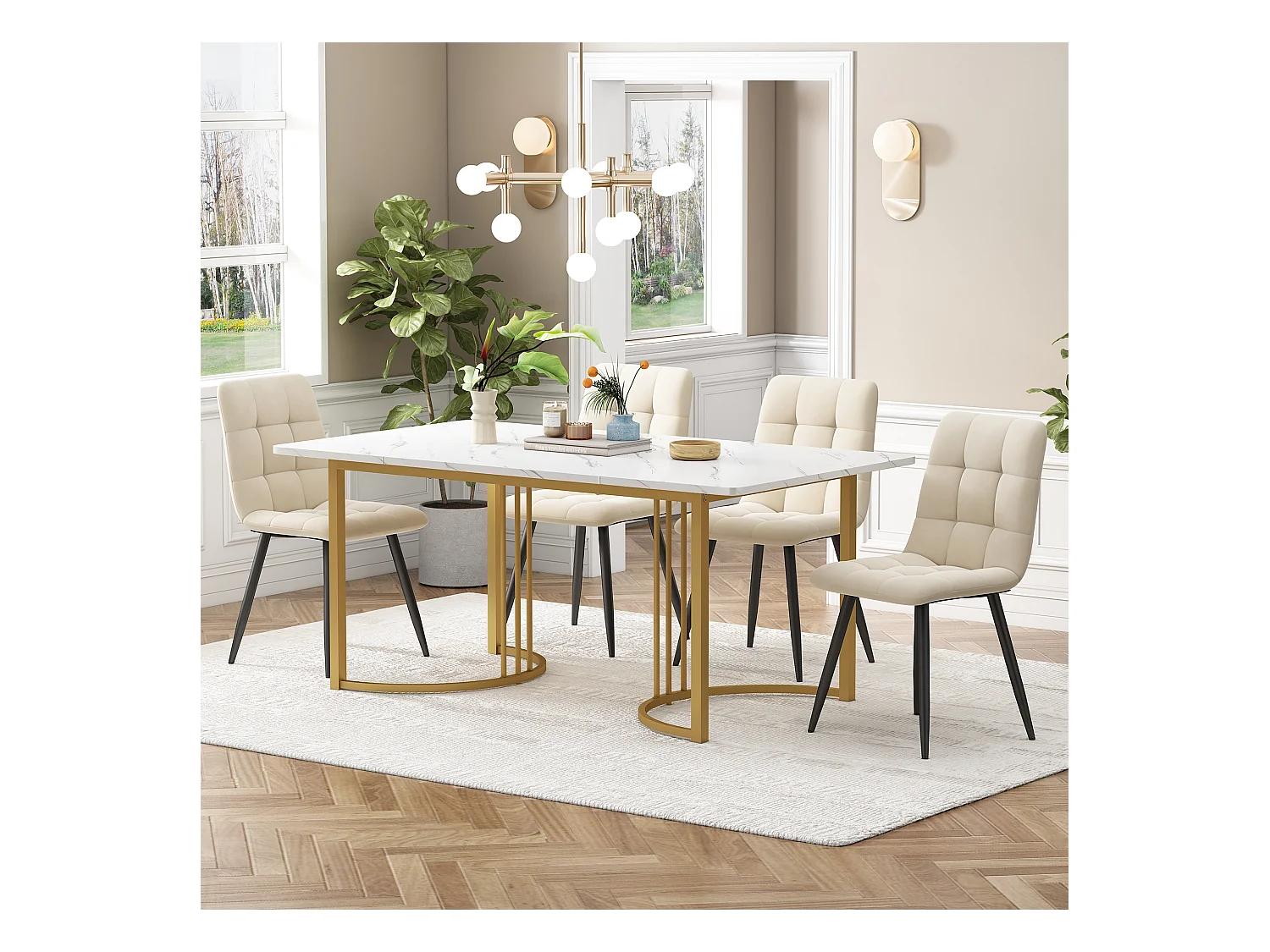 Eetkamerset, tafel 140×80×75 cm met 4 stoelen, MDF+metaal+fluweel, goud+wit+beige