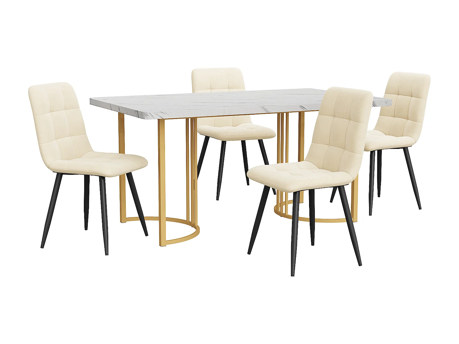 Ensemble table + 4 chaises -140×80×75cm, MDF+métal+velours, doré+blanc+beige
