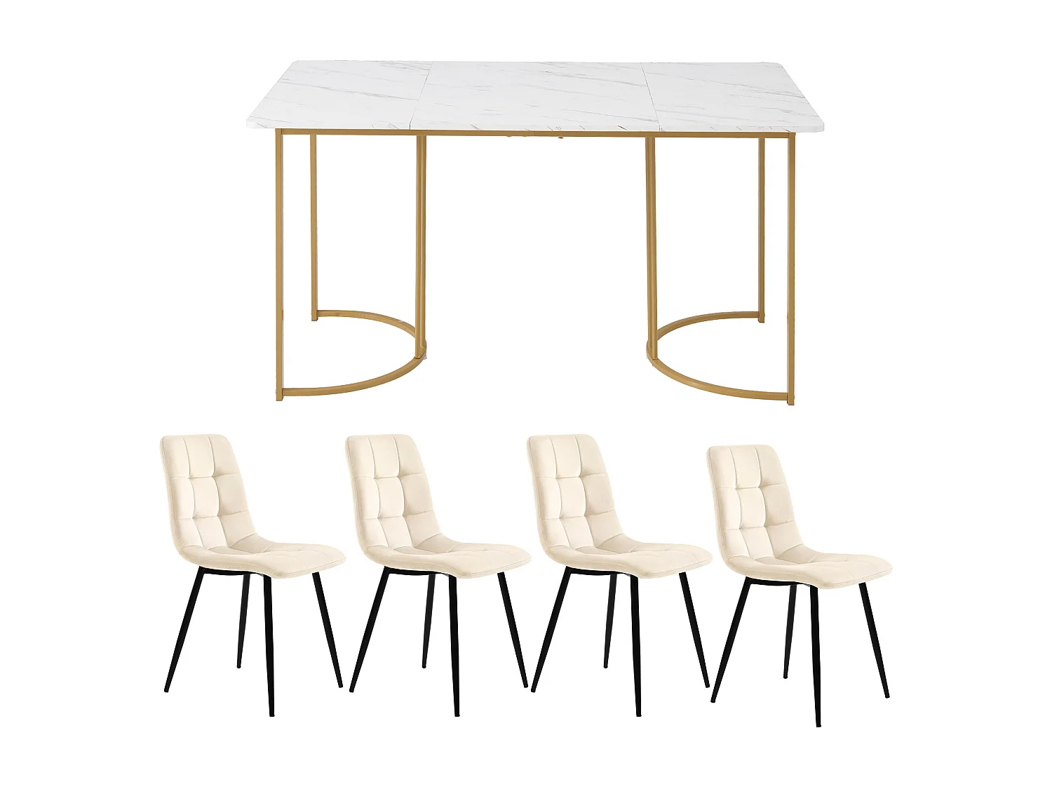 Ensemble table + 4 chaises -140×80×75cm, MDF+métal+velours, doré+blanc+beige