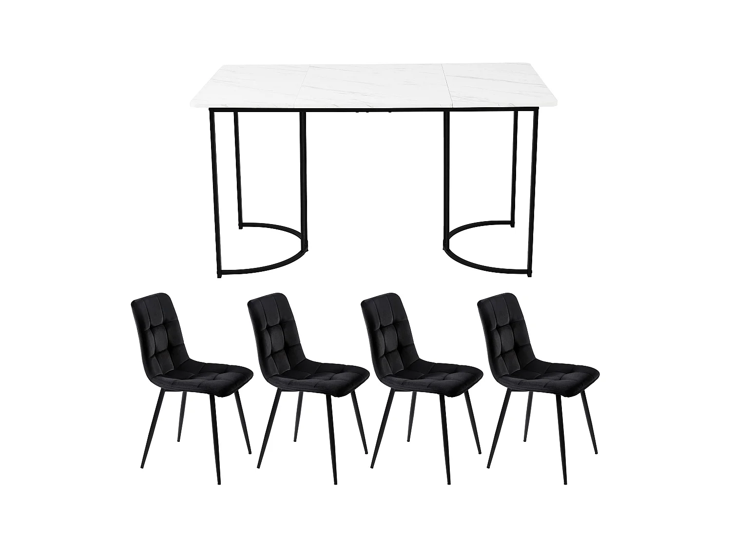 Conjunto de comedor, mesa 140×80×75cm con 4 sillas, MDF+metal+terciopelo, negro+blanco