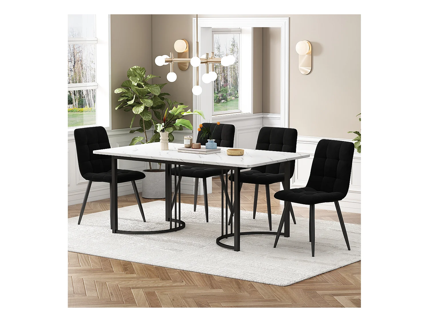Ensemble table + 4 chaises -140×80×75cm, MDF+métal+velours, noir+blanc